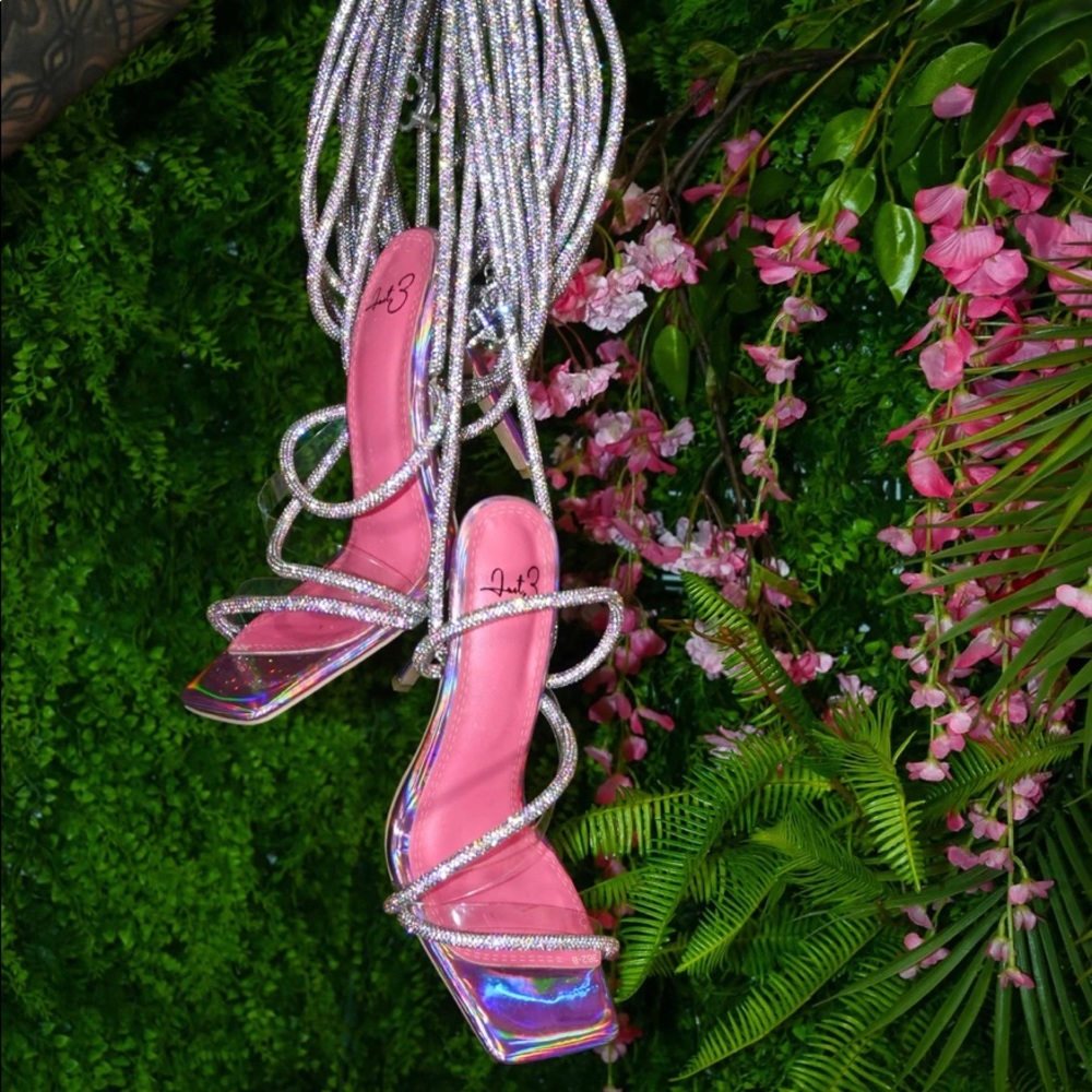 Iridescent Pink Lace Up Diamond Heels